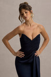 Edel Navy Satin Strapless Maxi Dress With Drape