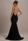Adele Black Ruched Fishtail Cami Maxi Dress