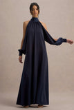 Baila Navy Satin High-Neck Cape-Sleeve Maxi Dress