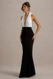 Payton Black & White Ruched Halter-Neck Maxi Dress