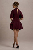 Alva Burgundy High-Neck Short-Sleeve Mini Dress With Volume Skirt