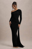 Valina Black Ruched Asymmetric Maxi Dress With Drape