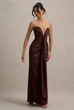 Mackenzie Brown Satin Plunge-Neck Draped Maxi Dress