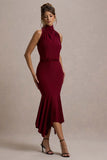 Prianyka Berry High-Neck Draped Midi Dress