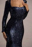 Ensley Navy Sequin Sweetheart Long-Sleeve Maxi Dress