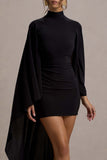 Damia Black High-Neck Mini Dress With Asymmetric Cape