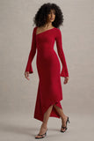 Serenita Red Asymmetric Long-Sleeve Midi Dress