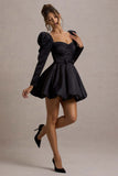 Murphy Black Satin Belted Mini Dress With Puff Sleeves