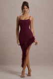 High Status Burgundy Strappy Corset Asymmetric Maxi Dress With Feather Trim
