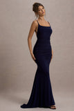 Adele Navy Backless Ruched Fishtail Cami Maxi Dress