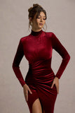 Jaz Berry Velvet High-Neck Gathered Split Maxi Dress