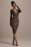Vernazza Brown Animal Print Deep Plunge Midi Dress