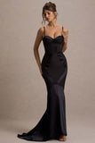 Custom Black Satin Sweetheart Corset Fishtail Maxi Dress