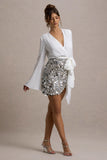 Norah White Chiffon Plunge-Neck Wrap Mini Dress With Sequin Skirt