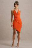 Vivia Orange Plunge-Neck Ruched Mini Dress