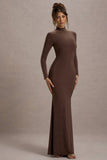 Tova Chocolate High-Neck Long-Sleeve Maxi Dress