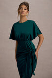 Mika Bottle Green Satin Short-Sleeve Wrap Maxi Dress