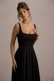 Parina Black Strappy Volume-Hem Midi Dress