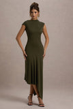 Ondine Khaki Asymmetric Draped Midi Dress