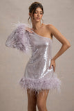 Free Soul Lilac Sequin One-Shoulder Feather Trim Mini Dress