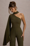 Fenix Khaki Asymmetric Cape-Sleeve Straight-Leg Jumpsuit