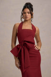 Aman Berry Halter-Neck Midi Dress With Oversized Bow