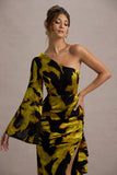 Sevilla Mustard Print Satin Jacquard One Sleeve Ruffled Split Maxi Dress