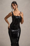 Sweet Spark Black Sequin Square-Neck Midi Dress
