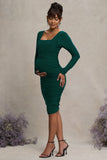 New Life Bottle Green Maternity Square Neck Ruched Midi Dress