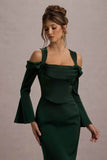 Heartthrob Green Satin Draped Bardot Maxi Dress