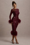 Afterglow Port Sequin Long-Sleeve Midi Dress With Feather Trims