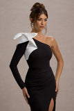 Philomena Black One-Sleeve Split Maxi Dress With White Bow