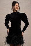 Issa Black Velvet Long-Sleeve Mini Dress With Feather Trim