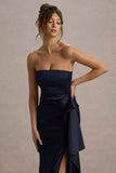 Loz Navy Satin Bandeau Draped Maxi Dress