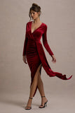 Arcadia Berry Velvet Plunge-Neck Wrap Midi Dress