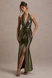 Carana Gold Plunge-Neck Knotted Split Maxi Dress