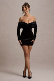 Gilda Black Velvet Bardot Long-Sleeve Mini Dress