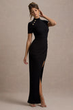 Claudetta Black High-Neck Short-Sleeve Split Maxi Dress