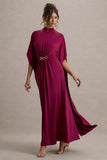 Olessia Burgundy Belted Gathered Cape-Sleeve Maxi Dress
