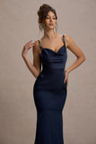 Made With Love Navy Satin Strappy Fishtail Maxi Dress