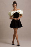 Brynne Black & Cream Velvet Mini Dress With Satin Puff Sleeves