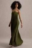 Bergamot Olive Satin Sweetheart Maxi Dress