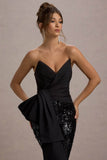 Bianco Black Sequin Strapless Flared-Leg Jumpsuit With Drape