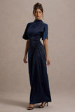 Audley Navy Satin High-Neck Flutter-Sleeve Maxi Dress