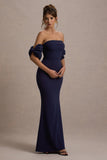 Alaine Navy Bardot Maxi Dress With Bow Sleeves
