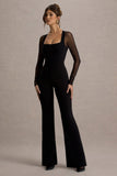 On Track Black Flared-Leg Jumpsuit With Sheer Sleeves