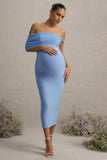 Jen Powder Blue Bardot Twisted Maternity Midi Dress