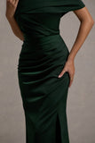 Martine Bottle Green Satin Bardot Wrap Maxi Dress