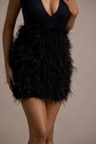 Flirt Black Plunge Front Mini Dress With Feather Skirt