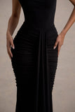 Lorenza Black High-Neck Ruched Maxi Dress With Draped Skirt
